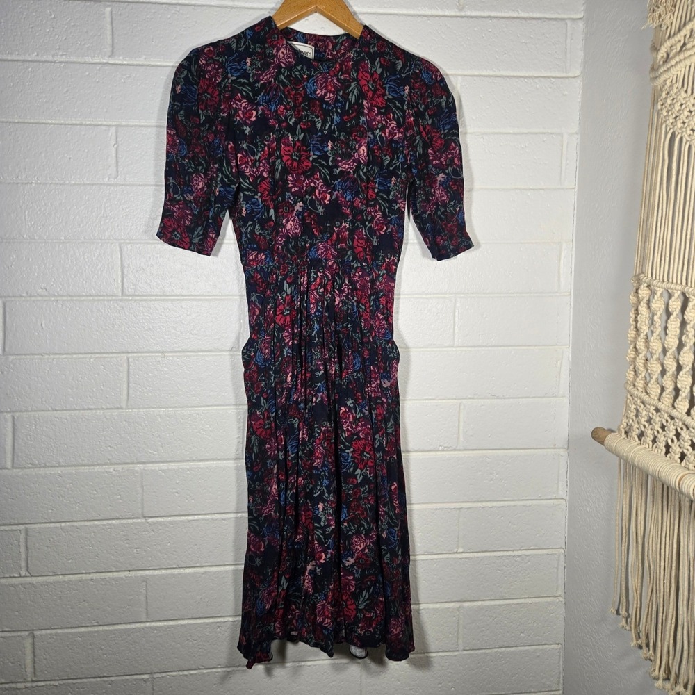Vtg Floral Button Back Pleated Midi Dress 4 Small 90s Grunge Rayon Retro Cottage